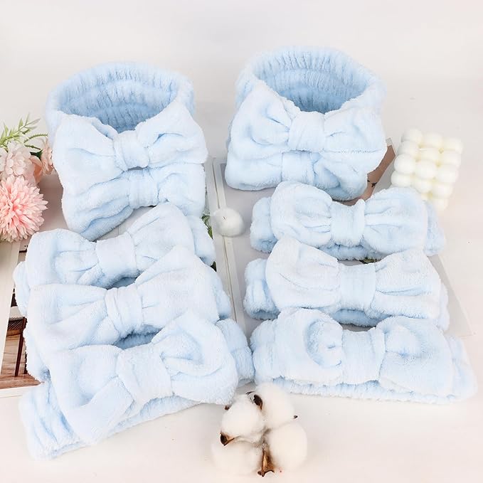 10 Pack Spa Headband for Washing Face Blue Skincare Headbands Bulk for Women Girls Soft Coral Fleece Hairband Cute Bow Headbands for Washing Face Makeup