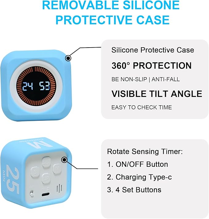 FCXJTU Rotating Cube Pomodoro Visual Timer 5, 25, 10 50 Minutes Preset, Rechargeable Desk Productivity Flip Timer w/Silicone Cover, Custom Countdown, Silent Mode for ADHD, Study, Work, School(Purple)