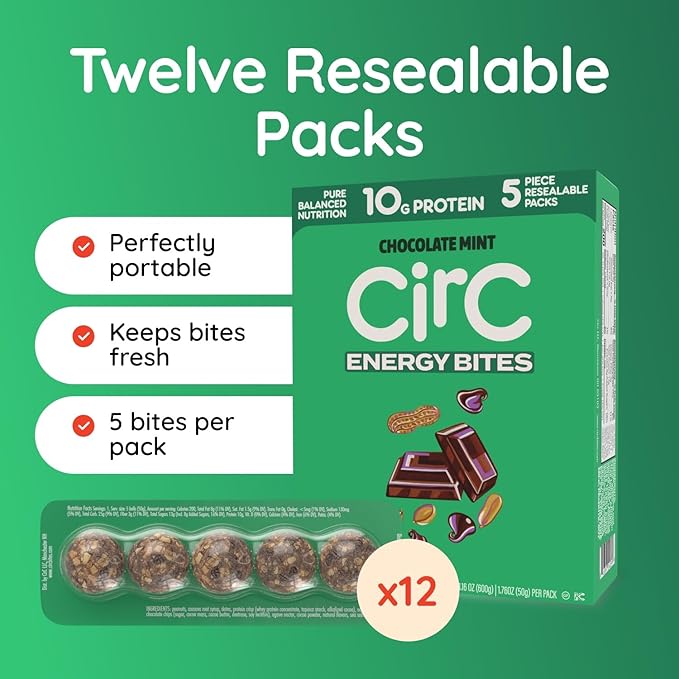 CirC Energy Bites - 12 Pack Mint Chocolate Chip Gluten Free Protein Balls - 10g Protein, Whole Grains, Nuts & Fruit - Portable Healthy Snacks for Adults & Kids, 5 Piece Resealable Packs