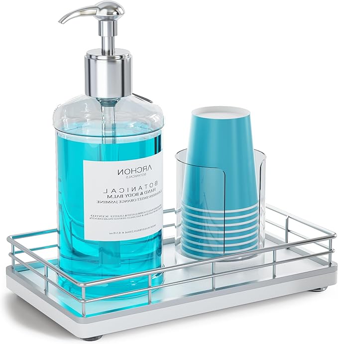 Bathroom Tray for Counter, Oak Wooden 7.5" L Vanity Tray for Jewelry Soap Cologne Organizer for Men Decorative Decor Silver