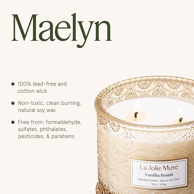 LA JOLIE MUSE Vanilla Bomb Candle – Lemon Zest, Fressia & Patchouli | 12 oz Large 2-Wick Soy Wax Candle | 60 Hours Clean Burn | Gift-Ready for Hosts | Elegant Home Décor
