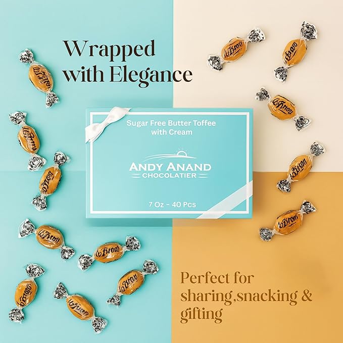 Andy Anand Chocolatier Sugar Free Butter Toffee Hard Candy With Cream Made in Europe Gluten Free, Mouthwatering Experience With Diabetic-friendly, Stevia Sweetened Candy (40 Pcs, 7 Oz)