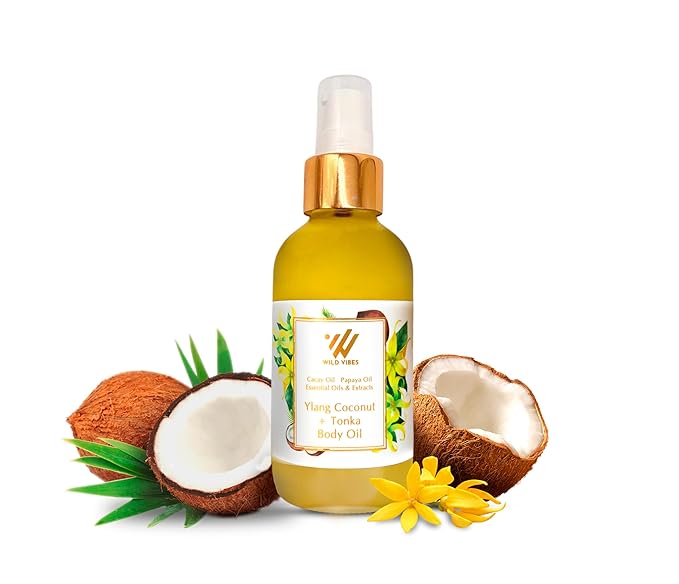 Wild Vibes Ylang Coconut + Vanilla Bean Luxury Body Oil – Organic with Coconut and Tropical Oils for Smooth, Hydrated Skin – After Shower for Women – 4 oz