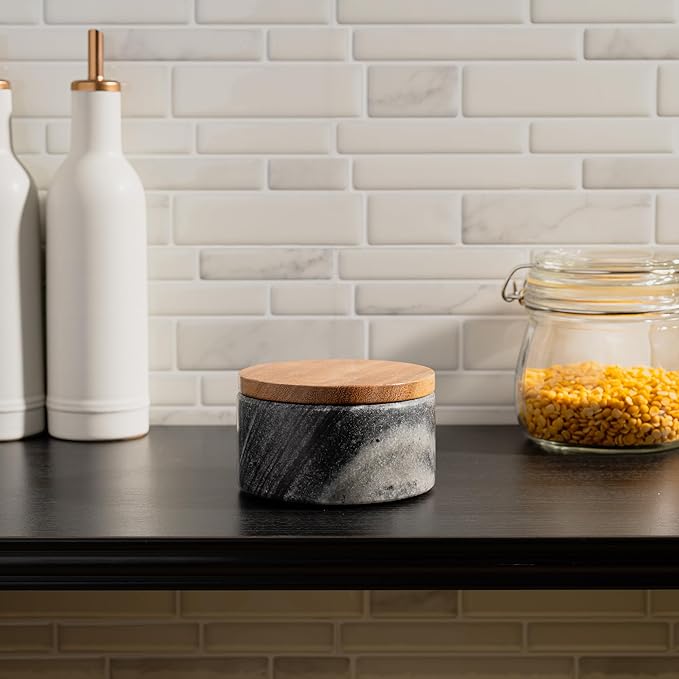Cork & Mill Grey Marble Salt Cellar with Acacia Wood Lid and Spoon - Elegant Modern Salt Container for Countertop - Handcrafted Pepper Pot - Wide 4” Pepper Holder with Non-Skid Feet