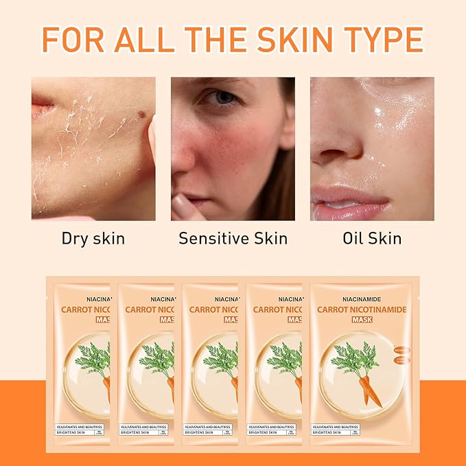 Carrot Nicotinamide Facial Mask for Women,Hydrating Face Mask Sheet Home SPA,Moisturizing Face Sheet Mask for Dry,Oily,Sensitive Skin 30ml（5Pack）