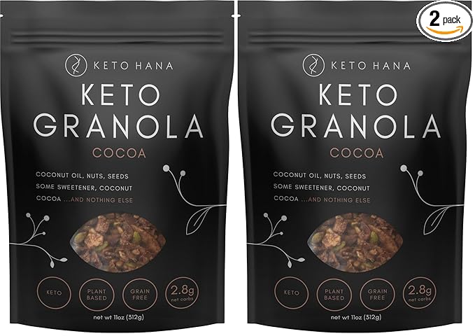 Keto Hana Keto Nut Granola (11oz), Cocoa Flavored- Low Carb, Low Calorie, High Protein (2g Net Carbs) (Pack of 2)