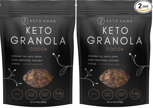 Keto Hana Keto Nut Granola (11oz), Cocoa Flavored- Low Carb, Low Calorie, High Protein (2g Net Carbs) (Pack of 2)