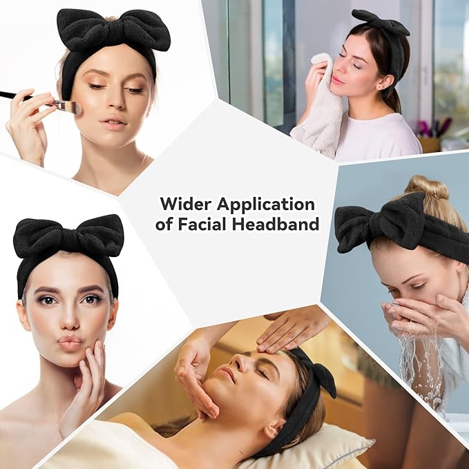 Ondder Black Spa Headband for Women and Girls - Washing Face, Bow Skincare Headbands, Makeup, Shower Hair Accessories