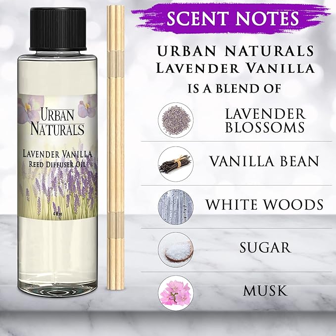 Urban Naturals Lavender Vanilla Scented Oil Reed Diffuser Refill | Includes a Free Set of Reed Sticks! Lavender Blossom, Creamy Vanilla, White Woods and Sugared Musk | 4 oz.
