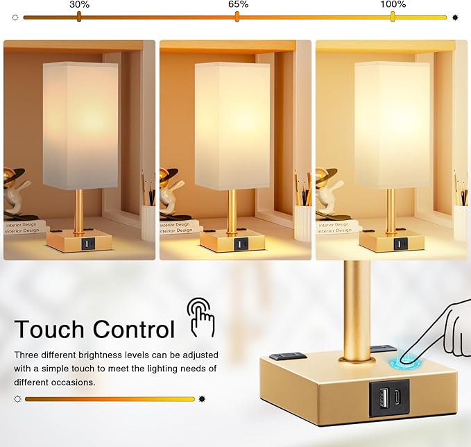 Gold White Touch Table Lamp - Bedside Lamp with USB A + Type C Charging Ports and Two AC Outlets, Small Night Stand with E26 LED Bulb, Desk Light for Bedroom Living Room Office Dorm
