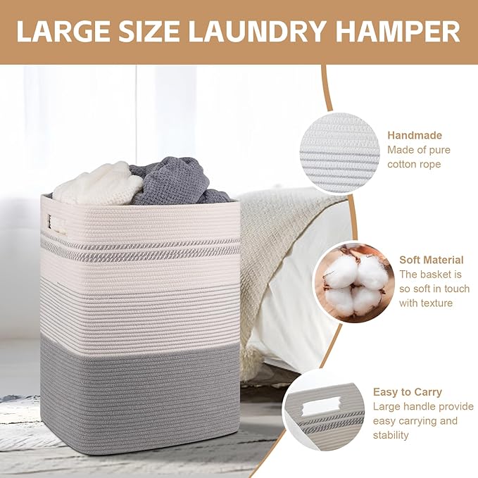 Laundry Hamper, Large Woven Rope Tall Laundry Basket with Handles, 22" X 17" X 13", Decorative Storage Basket for Clothes and Blankets in Living room, Bedroom, Grey & White
