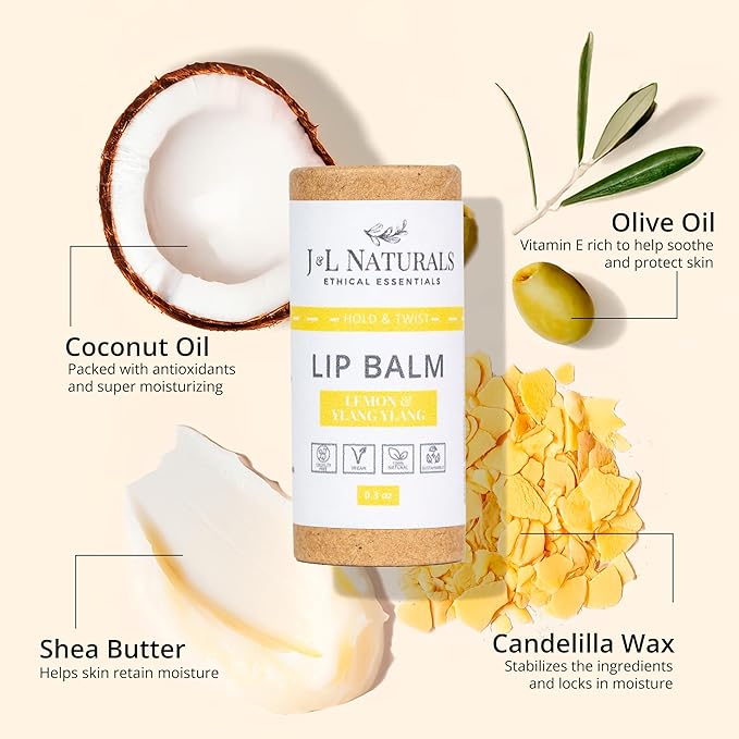 J&L Naturals Sustainable Lip Balm | Organic Ingredients, 100% Natural, Eco-Friendly | Cruelty Free, Vegan, Paraben Free, Silicone Free (Lemon & Ylang Ylang, 5-Piece Bundle)