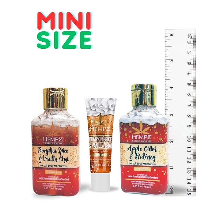 Holiday Limited Edition Mini Scents (2 Pack of 2.25 oz and Lip Balm), Pumpkin Spice & Vanilla Chai Lotion + Pumpkin Spice & Vanilla Chai Lip Balm + Apple Cider & Nutmeg Lotion | Christmas Gift