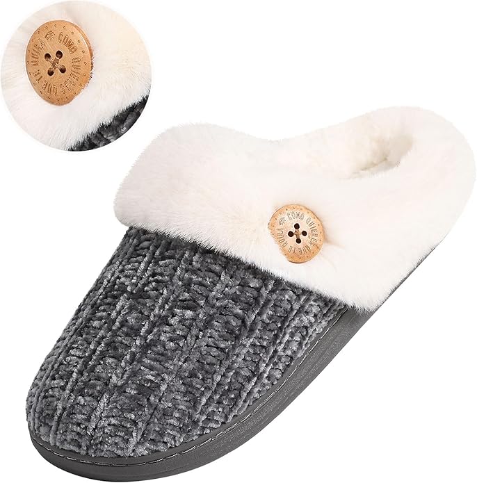 Evshine Warm Knit House Slippers for Women Comfy Wool-Like Lined Chenille Slippers with Memory Foam and Indoor Outdoor Soles