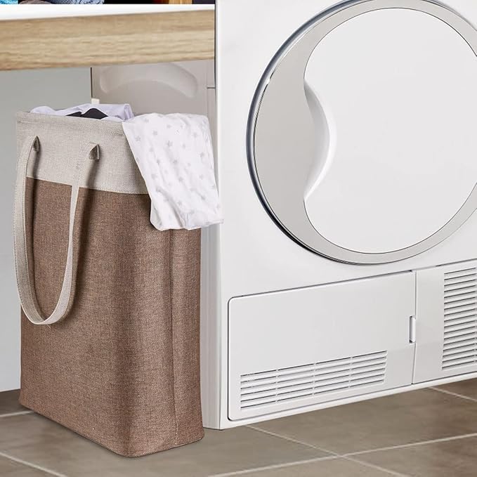 i BKGOO Laundry Basket with Handles Beige&Brown Slim Laundry Bin Collapsible Dirty Clothes Basket Narrow Laundry Bag Foldable Dirty Hamper for Camping, Dorms, Apartments