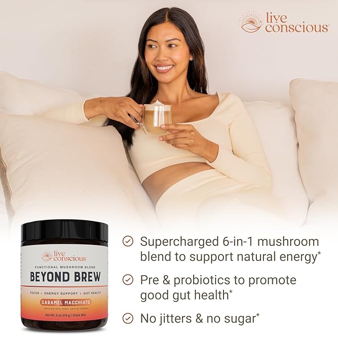 Beyond Brew Caramel Macchiato Coffee Alternative - Low Caffeine Superfood - Powerful Mushroom Complex with Lion’s Mane, Reishi & Chaga - Brewed Drink with Prebiotics & Probiotics (2-pack)