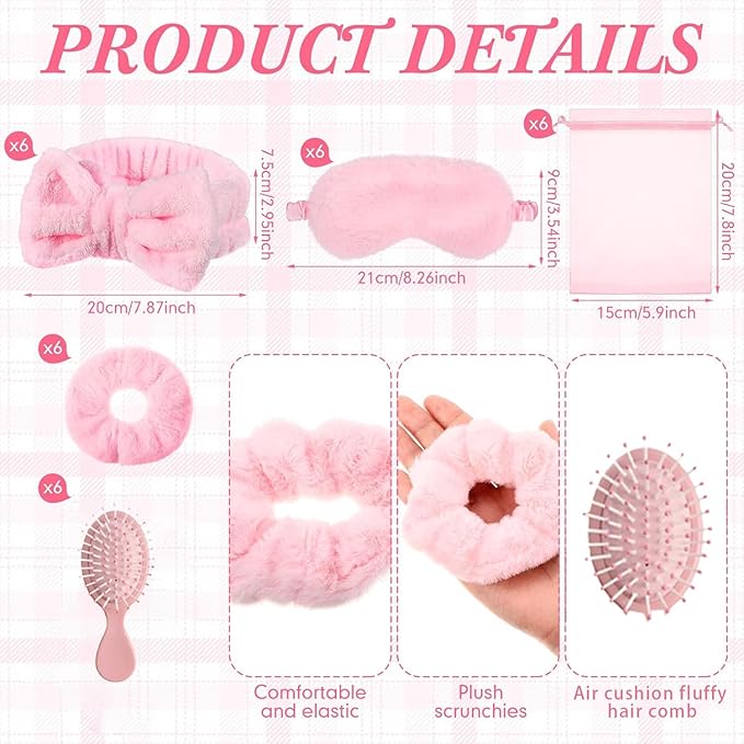 30 Pcs Sleepover Party Supplies for Women Slumber Party Supplies for Girls Spa Favor Headband Eye Mask Hair Scrunchies Comb Toiletry Bag(Pink)