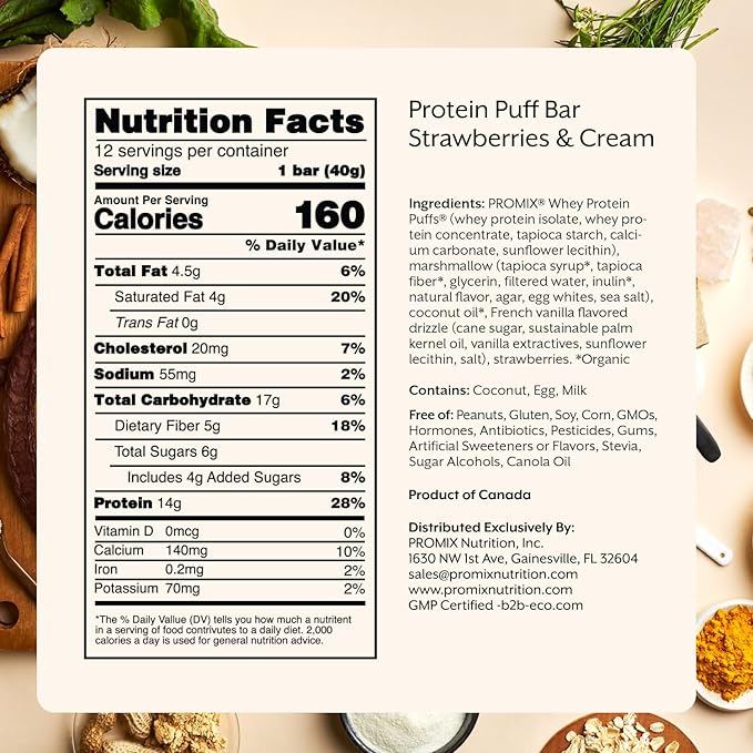 ProMix Nutrition Whey Protein Isolate Puff Bar, Low Carb Healthy Snack with Egg Whites - Grass Fed,Gluten Free, Low Sugar, Soy Free (Strawberries & Cream) - 12 Bars