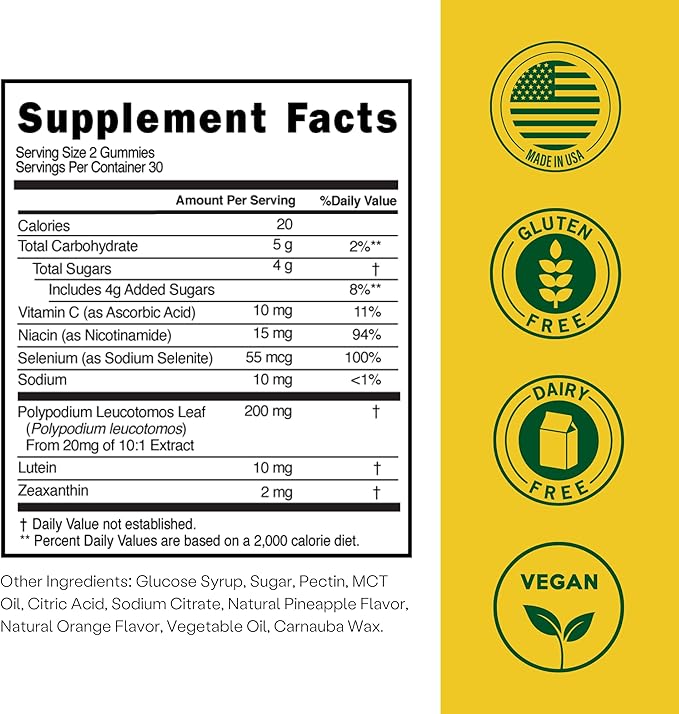 Embody Antioxidant Sun Gummy, Orange Pineapple Flavor, Fern Extract Supplement for Anti-Aging, Dark Spots, Healthy Skin - Promotes Collagen Production, Vitamin C, Selenium (60 Count, Orange Pineapple)