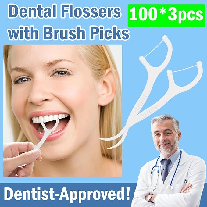 Dental Floss Picks 300ct - Dentist-Approved Double Clean Flossers with Toothpick | Extra Strong Floss & Built-in Pick | Ergonomic Handle for Teeth & Gums | Portable for Kids & Adults