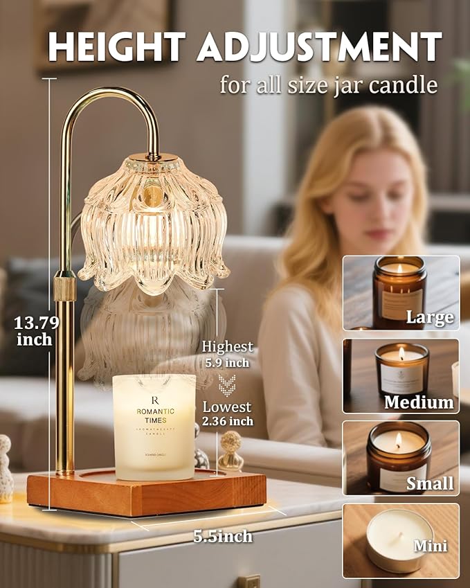 Candle Warmer Lamp with Timer Dimmable, Height Adjustable Birthday Gifts for Women Mom House Warming, Home Decor, Lotus Flower Candle Lamp Warmer 2 Bulbs Inc (Crystals)