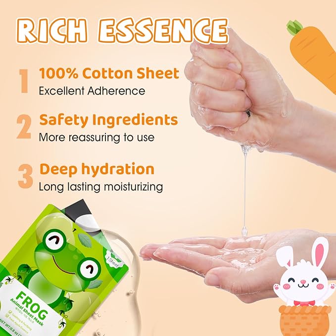 18 Pack Animal Face Mask for Kids, Bulk Sheet Face Masks Skincare for Girls, Collagen Hydrating Face Mask Spa Party Gifts for Teens, Christmas Gifts, Stocking Stuffers for Women