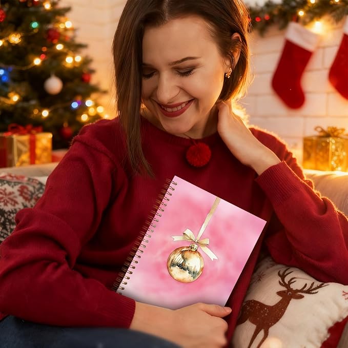 Exqcom Pink and Gold Christmas Ball Spiral Notebook Gifts, Vintage Xmas Ball Holiday Journal for Women, Pink Hardcover Notebook Journal Office School Supplies, 5.5x8.3 Inch