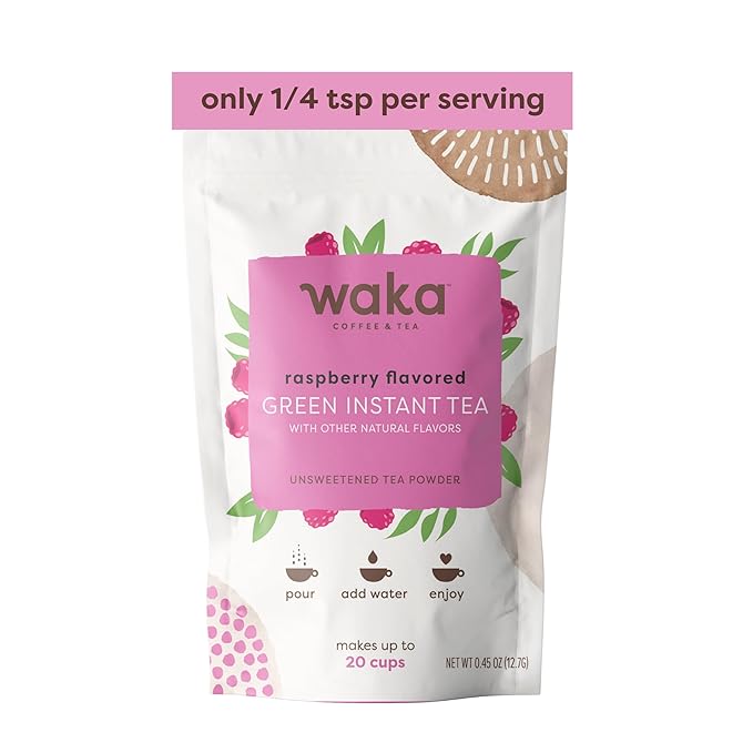 Waka Instant Green Tea Mix, Raspberry Flavored - 100% Tea Leaves, No Additives, Unsweetened Sample/Travel Size Tea Powder - Easy Quick Hot and Iced Teas, Up to 20 Cups or 5 Quarts (.45oz)