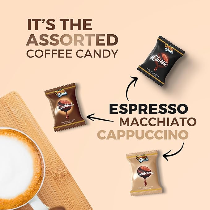 Candy Break Coffee Drops, Center Filled Hard Candy, Coffee Candy Individually Wrapped, Macchiato, Espresso, Cappuccino Flavored Candies, Caffeine Candies 24.7 Oz Bulk Bag, Variety Pack of 1