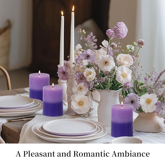 KONNI Purple Layered Pillar Candles Set of 3, 3"x 4" Unscented Pillar Candles Bulk, 39 Hours Long Burning Candles, Smokeless&Dripless Large Round Candle for Wedding, Home Decoration, Parties, Dinner