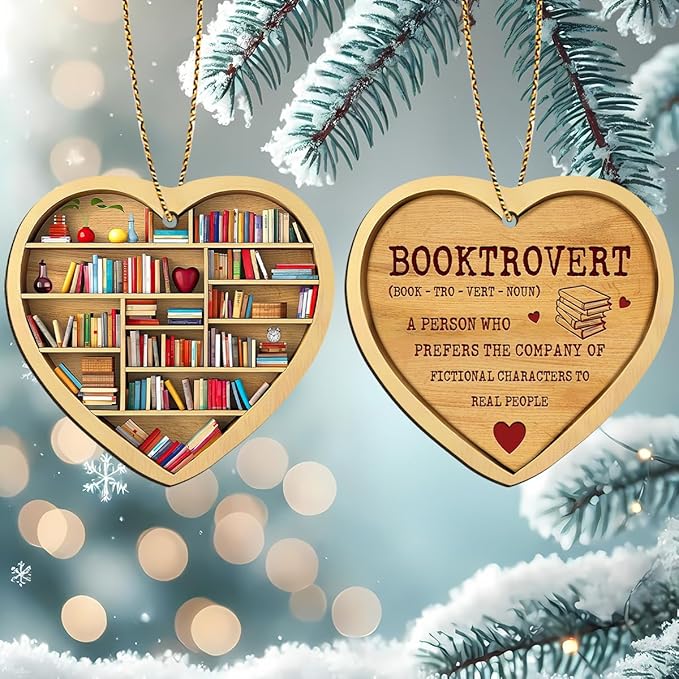 Book Ornament for Christmas Tree, 2 Sides Print Ornament, Bookshelf Wooden Ornament, Book Themed Decor, Book Lover Gifts for Christmas, Booktrovert