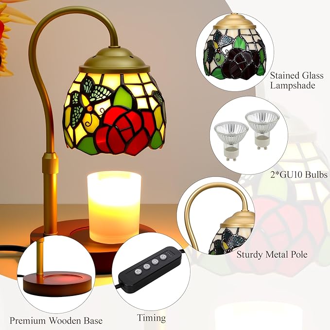 Candle Warmer Lamp with Timer Dimmer, Butterfly Tiffany Style Stained Glass Candle Lamp Warmer, Adjustable Wax Melt Warmer with 2 Bulbs for Small Jar Candles Birthday Gifts for Women Mom Friend