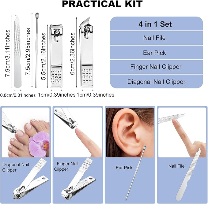 50 Sets Finger Nail Clipper Set Bulk,4 in 1 Adult Stainless Steel Travel Manicure Kit with Case Individually Wrapped Nail Clippers Bulk for Homeless,Hotel,Charity(2 Colors)
