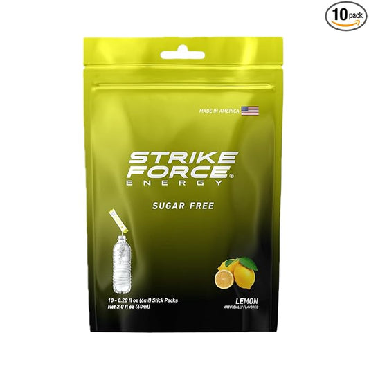 Strike Force Energy Drink Mix - Lemon Flavor - Natural Tasting Caffeine Drink - Turn Any Drink into a Healthy Energy Drink - Zero Calories, Keto Friendly, Sugar Free, Pre Workout (10 Liquid Packs)