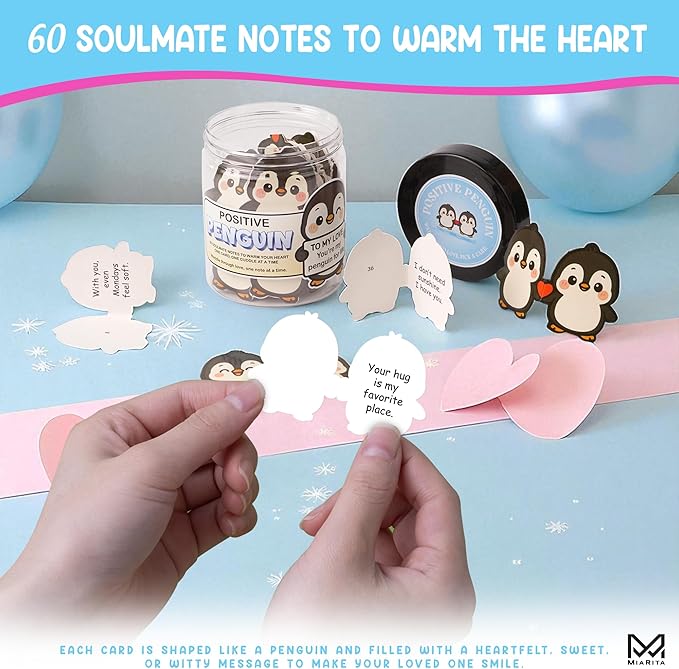 Positive Penguin Love Jar, 60 Cute Affirmation Cards, Relationship Gift for Girlfriend, Boyfriend, Husband, or Wife, Penguin Couple Jar, for Women, Her, Him