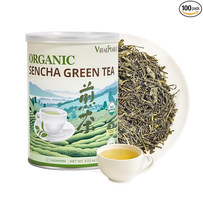 Organic Sencha Green Tea Loose Leaf – 3.53oz/100g, USDA Organic, Whole Leaf Green Tea, VitalForest Premium Steam-Fixed Green Tea, Mild Umami Taste