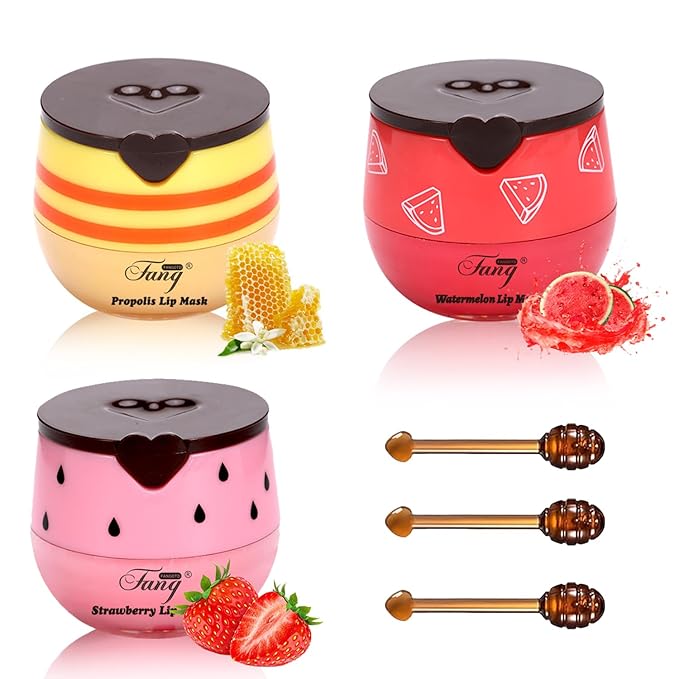 3 Pcs Bee Balm,Honey Strawberry Watermelon Bee Lip Balm Honey Pot,Moisturizing Lip Mask Overnight,Hydrate Repair Prevent Dry Cracked Lip Care (Honey+Strawberry+Watermelon)
