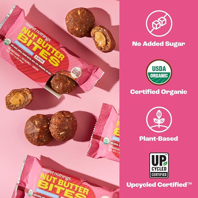 Sweet Nothings, Apple Cinnamon, USDA Organic Nut Butter Bites Protein Bar, Nut & Date Snack, Filled with Peanut Butter, 12-2 Bite Value Packs - No Added Sugar, Plant Based, Vegan, Only 7 Ingredients