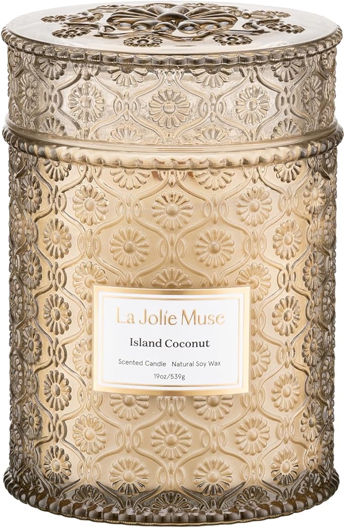 LA JOLIE MUSE Vanilla Coconut Candle – Coconut, Freesia & Vanilla | 19 oz Large Wooden Wick Candle | Natural Soy Wax | 90 Hours Clean Burn | Gift-Ready for Hosts & Gatherings | Elegant Home Décor