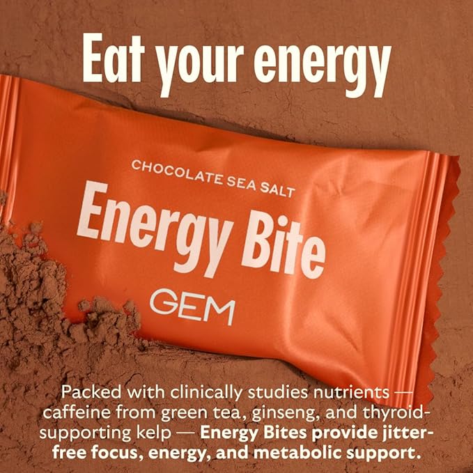 GEM Energy Caffeinated Bite | Holistic Sustained Energy | Supports Metabolism, Stamina & Endurance | 40mg Caffeine, Ginseng Root, L-Theanine | Chocolate Cacao Sea Salt | 7 Servings