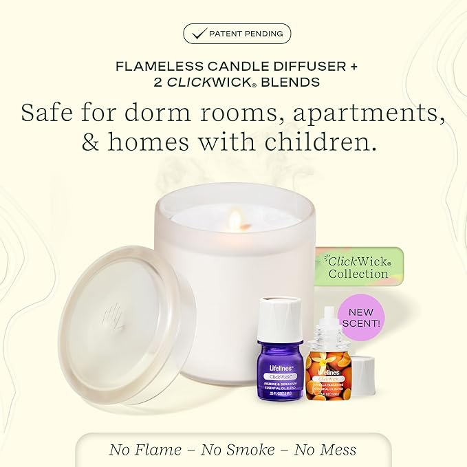 Lifelines Flameless Candle Aromatherapy Essential Oil Diffuser with 2 ClickWick Essential Oil Blends - Cordless & Waterless Diffuser for Home - Scented Electric Candles Blow Out Flame - Frosted Cream