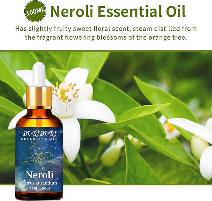 BURIBURI 100ML Neroli Essential Oil Gifts Set, 100% Pure Orange Blossom Oils Undiluted Aromatherapy Neroli Oil 3.38fl.oz for Soap, Candle Making, Massage, Diffuser, Humidifier