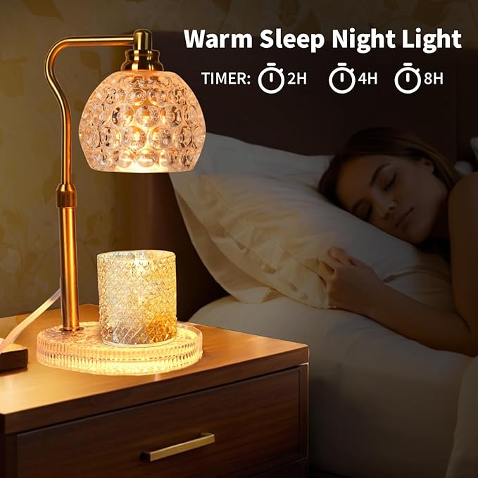 Candle Warmer Lamp with Timer: Adjustable Height and 4 Dimmer, Crystal Glass Base, Heater Wax Warmer for Jar Scented, Home Décor and Housewarming & Birthday Gift for Mom Woman, 2 Bulbs (White Round)