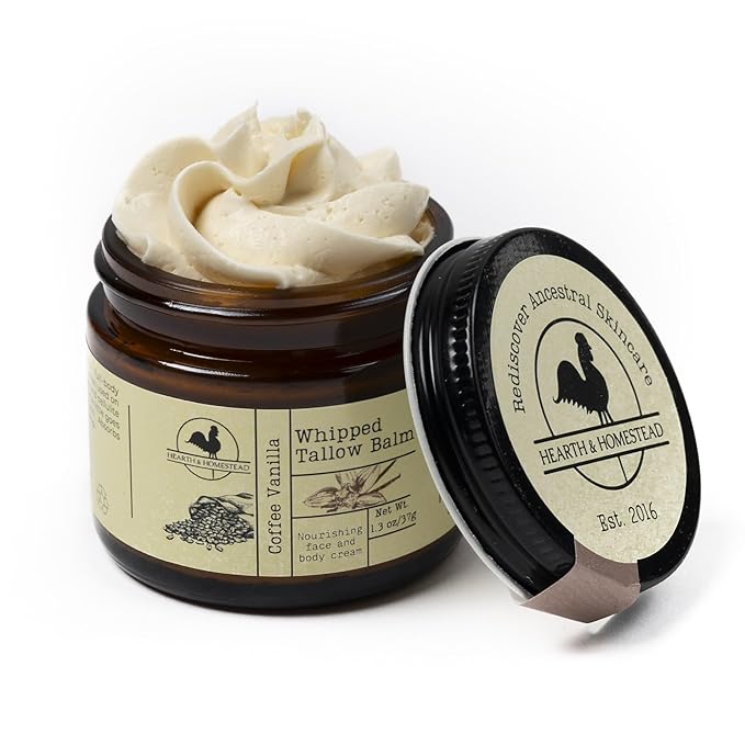 Hearth and Homestead: Handmade Whipped Tallow Balm (Coffee Vanilla) - Organic Body Butter with Infused Olive Oil - 1.3 oz …