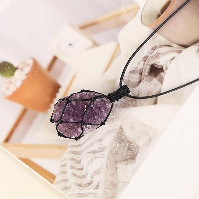 Handmade Natural Gemstone Crystal Pendant Necklace Stone Holder Necklace Cord Net Necklace with Adjustable Length for Women Men