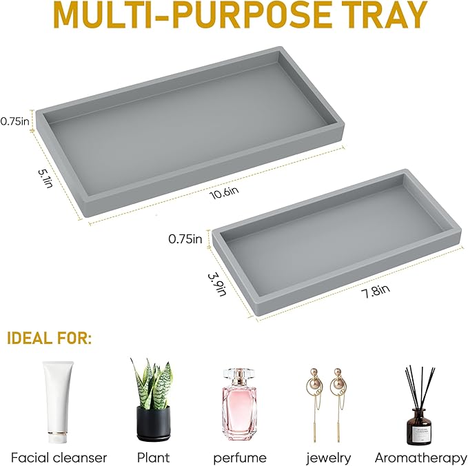 Bathroom Counter Tray,EG-SIPRO High-Grade Thickened Silicone Bathroom Vanity Tray,Shatterproof Durable Rectangle Bathroom Soap Dispenser Tray for Bathroom Countertop,Gray,Small+Large (EGTRAY)