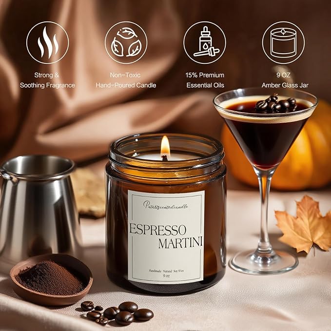 Espresso Martini Highly Scented Candles for Home, 9oz Natural Soy Aromatherapy Coffee Candle with Essential Oil, Home Fragrance Stress Relief & Meditation Jar Candles Gifts for Men Women