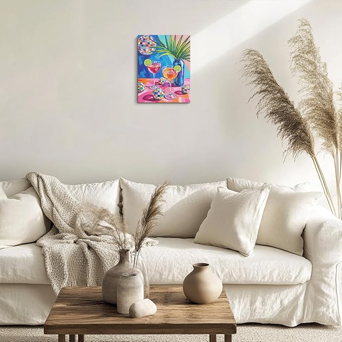 Disco Cocktail Print Wall Art, Retro Disco Ball Maximalist Canvas Framed Prints Modern Decorations, Funky Poster for Bar Cart Decor Living Room Entryway Bedroom Aesthetic