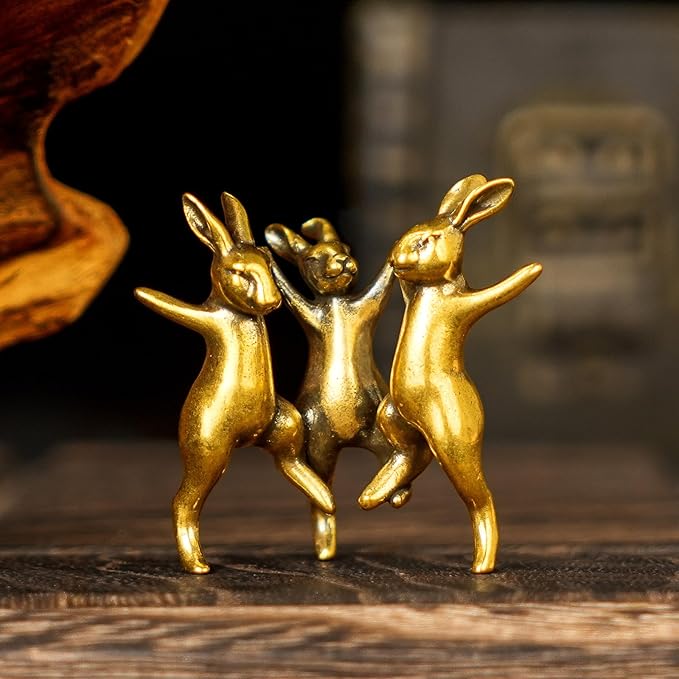 CHOVY Dancing Rabbits Trio - 100% Solid Brass Sculpture, Vintage Whimsical Home Decor, Interlocking Joyful Bunny Figurine for Easter & Spring, Unique Gift Idea, Handcrafted Collectible Art Piece