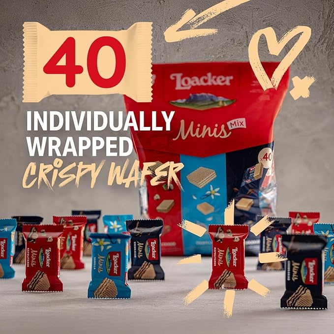 Loacker Minis Wafer Variety Pack - 30% Less Sugar - Premium Assorted Cream Filled Wafer Cookies - Mix of Hazelnut, Chocolate and Vanilla Crispy Wafers - NON-GMO - Sustainably Sourced Ingredients - 10g/0.35oz, 40 Individually Wrapped Snack Packs (mix)
